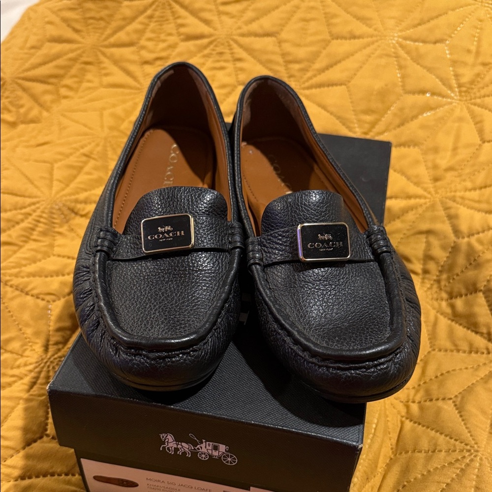 Coach Black Pebbled Leather Driving Shoes with Gold Accent